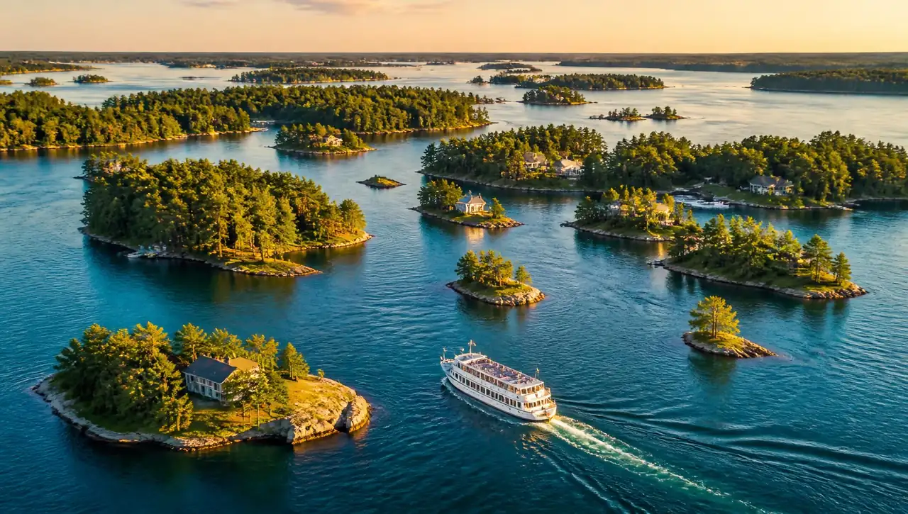 Aerial view of the Thousand Islands at golden hour with a sightseeing cruise boat on the St. Lawrence River